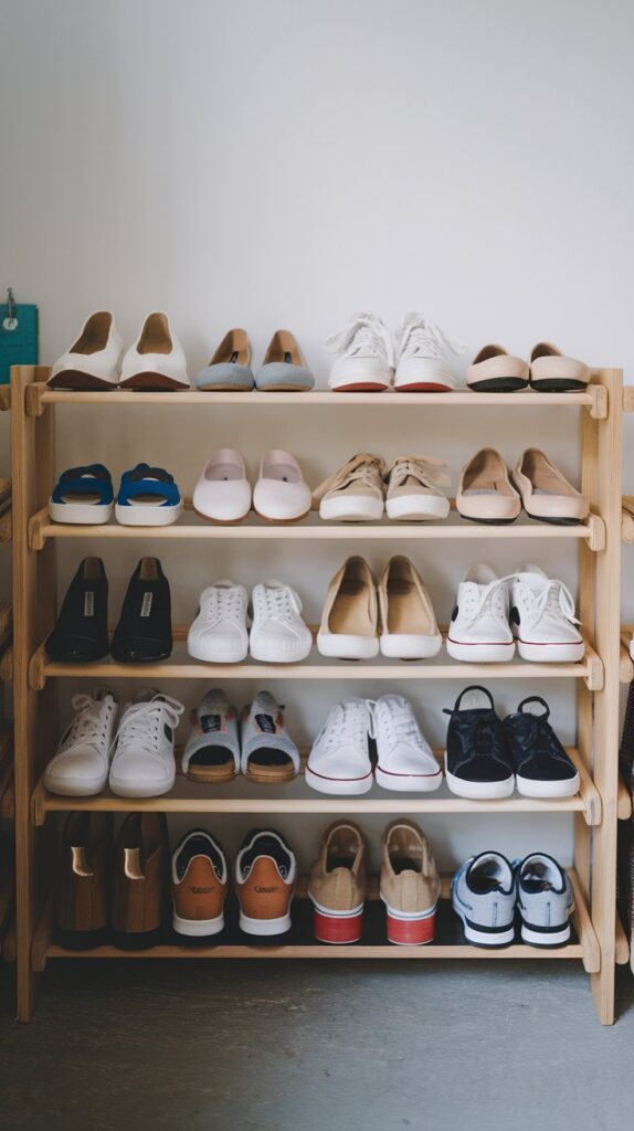 A clean shoe rack with just a few versatile, favorite pairs neatly lined up.