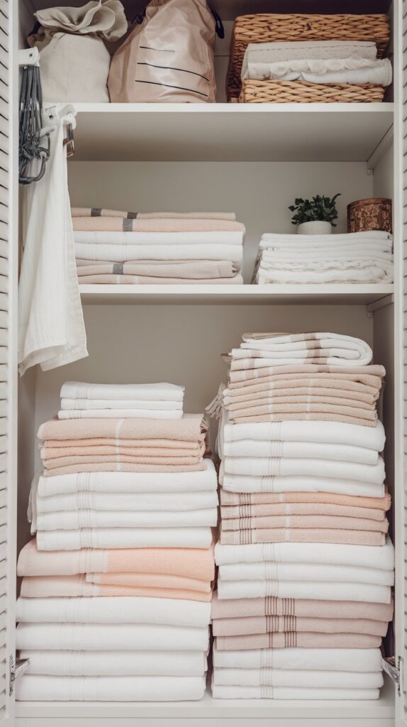 A neatly folded stack of fresh towels and linens in a clean, spacious linen closet.