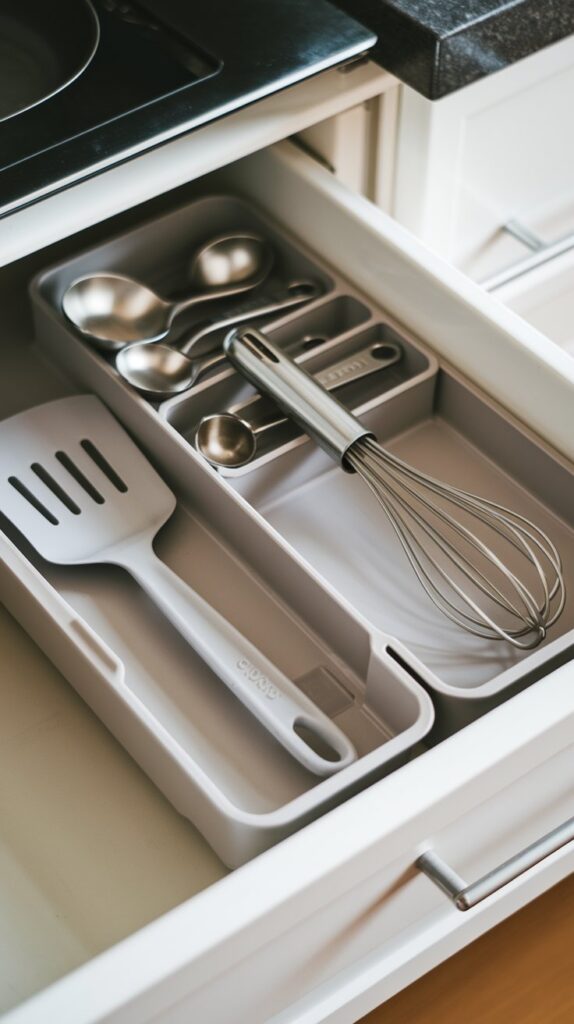 A kitchen drawer with a simple utensil tray, containing only the essentials like a spatula, whisk, and measuring spoons.