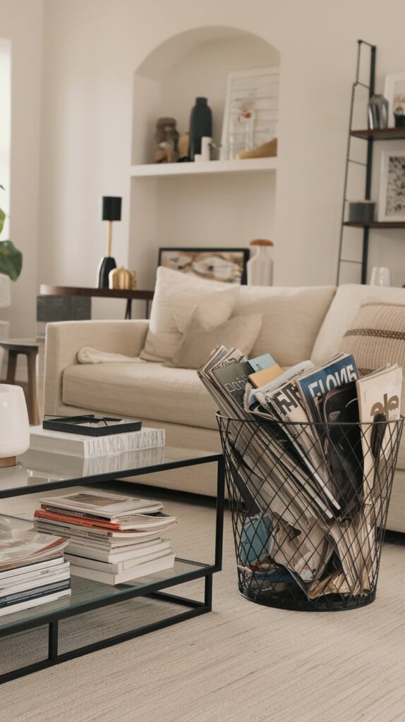 A recycling bin filled with old magazines beside a clear coffee table, free of unnecessary piles.