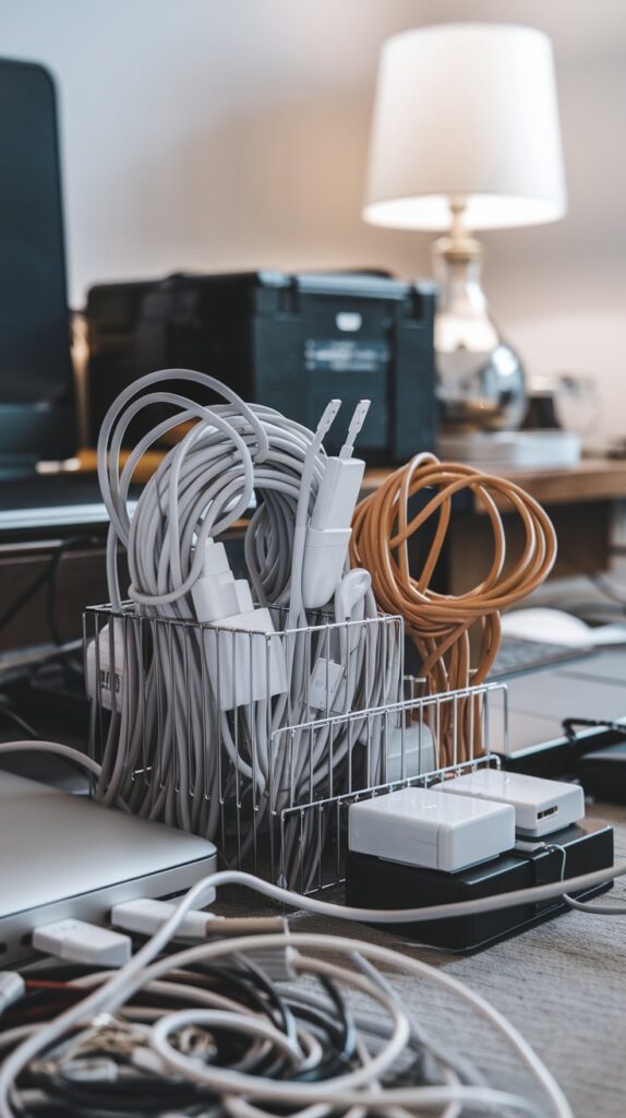 A small electronics organizer with neatly wrapped cables and chargers, replacing a chaotic pile of cords.