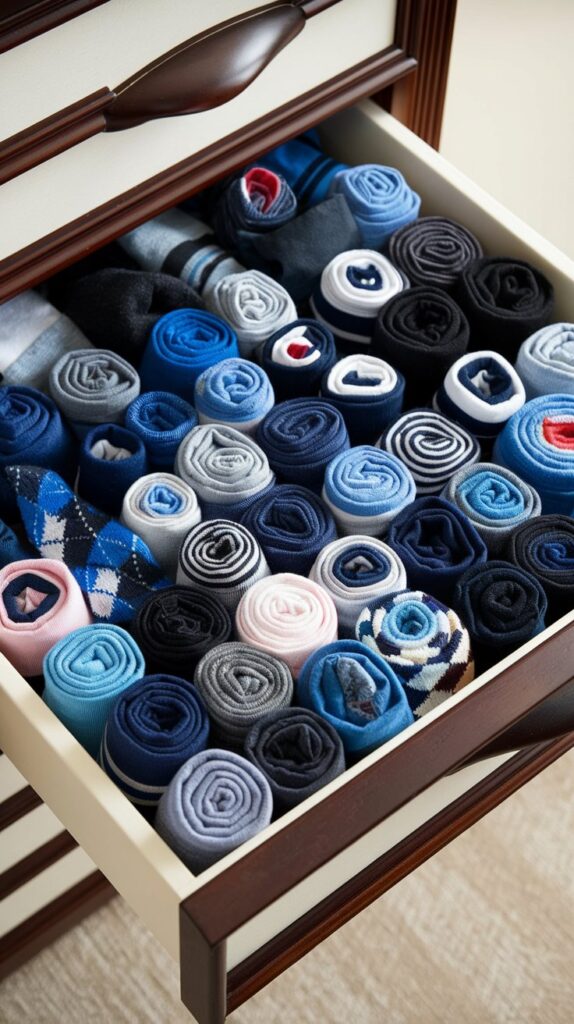 A sock drawer with neatly rolled pairs, organized by color or type. 