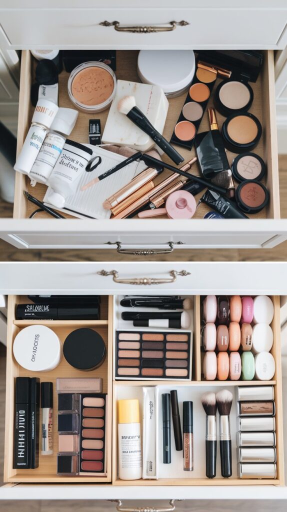 A clean vanity drawer with neatly arranged makeup and skincare, replacing cluttered, outdated products.