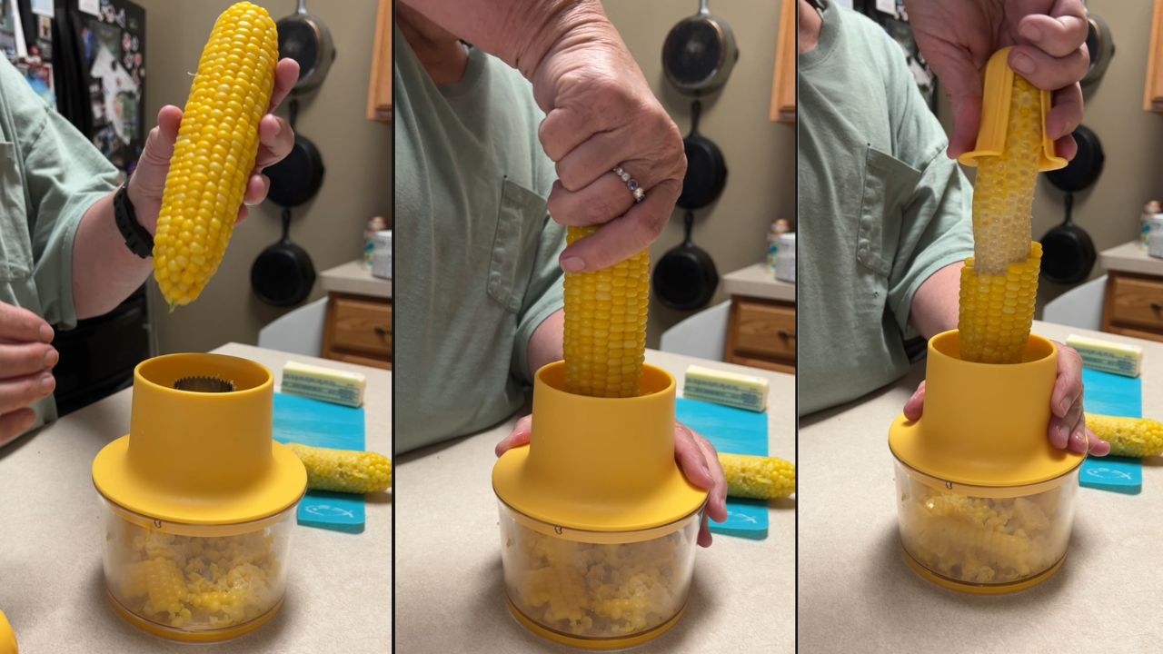 Corn cob stripper removing kernels over a mixing bowl on a kitchen counter