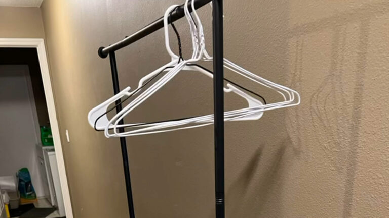 Rolling clothes rack with fabric shelf and hangers.
