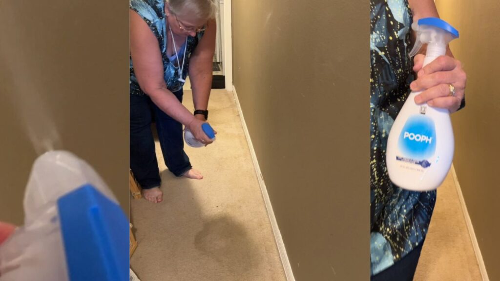 Pooph pet odor eliminator spray bottle with mist setting used on carpet.