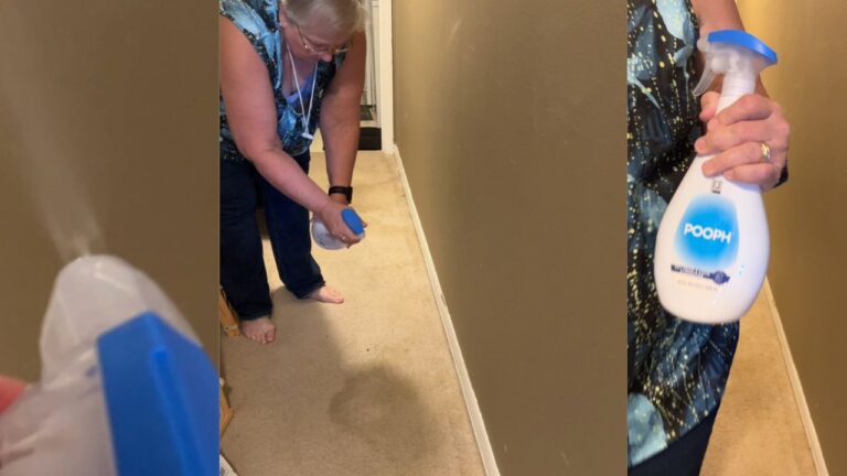 Pooph pet odor eliminator spray bottle with mist setting used on carpet.
