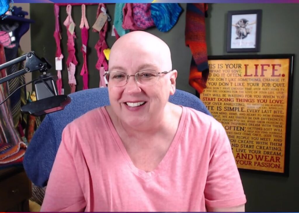 Jen livestreaming her knitting show while recovering and learning new skills
