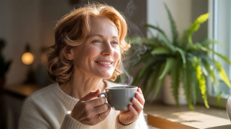 Woman in her 50s sitting by a window with coffee and journal, smiling softly and feeling inspired.