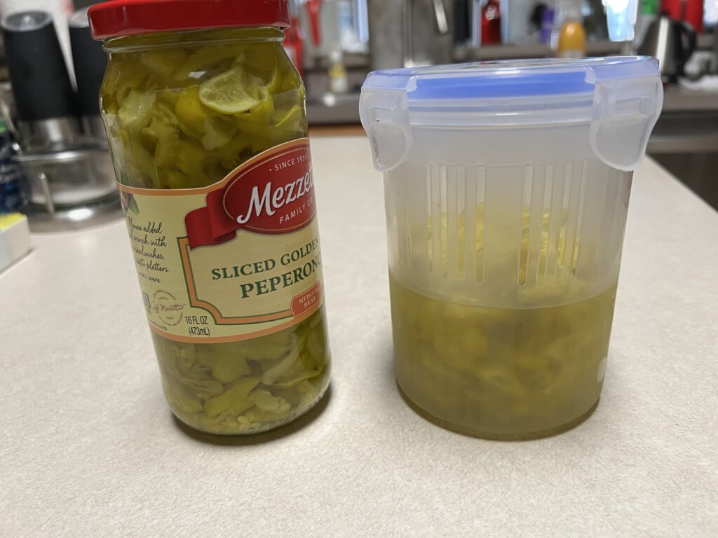 Side by Side jar of pepperoncini and Clear Plastic Jar with Basket 