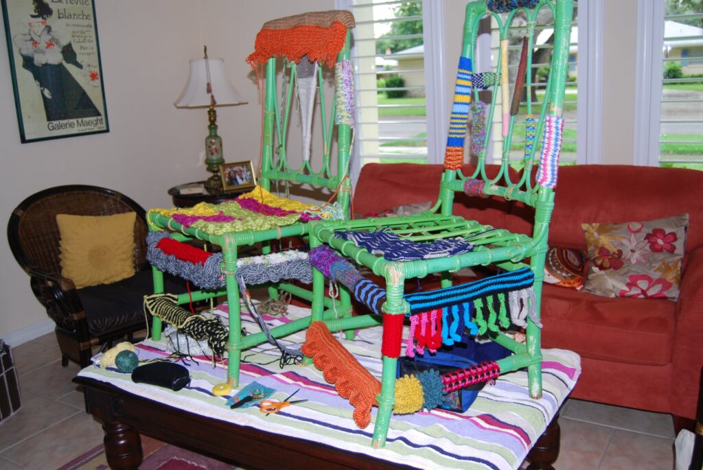 2 chairs on table for yarn bombing
making friends after 60