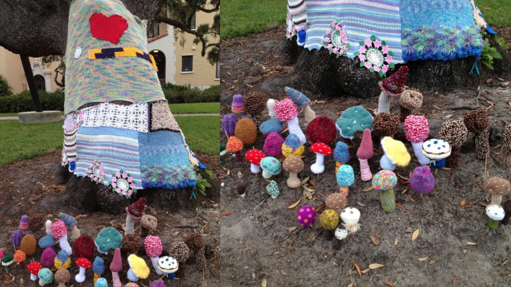 Yarn Bombing a Tree and Mushrooms